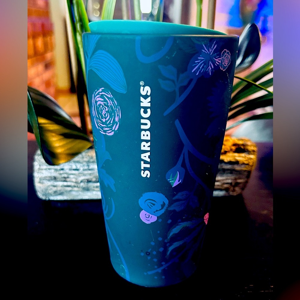 Starbucks Peacock Rising Ceramic Cup Blue Floral Soft Touch Hot Tumbler 12oz New